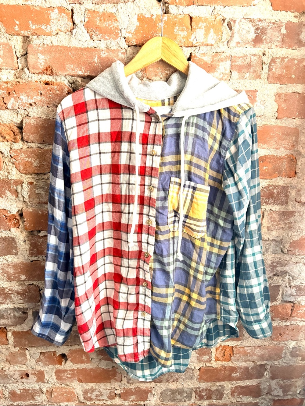 American Eagle Patchwork Plaid Hooded Button Down Shirt